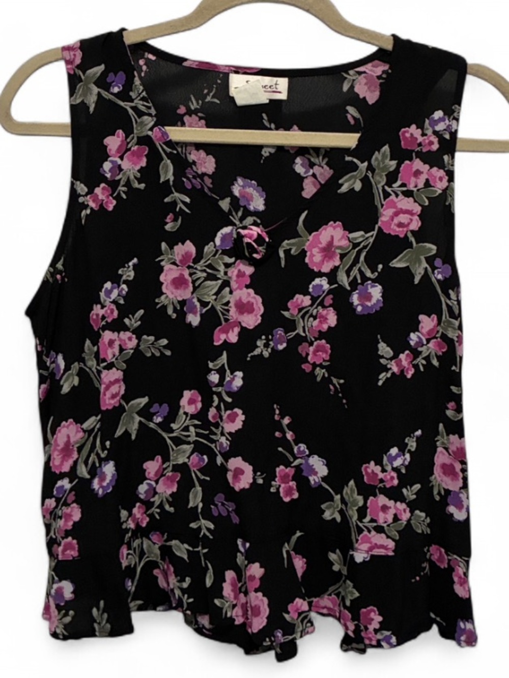 Vintage Sareet Floral Sleeveless Tank Top - Pink Floral on Black